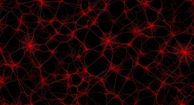 Intricate network of glowing red spider webs on black background