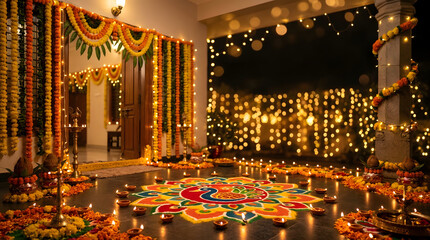 Fototapeta premium Beautifully Decorated Indian Home for Diwali Celebration with Rangoli and Diyas.