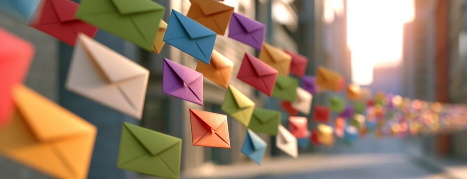 Multicolored envelopes floating in blurred urban background with buildings  