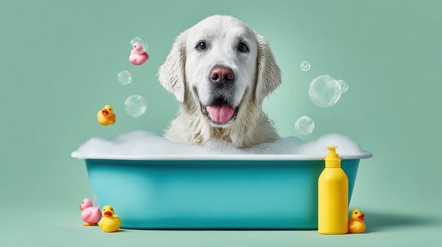 Golden dog enjoying a fun and frothy bath time