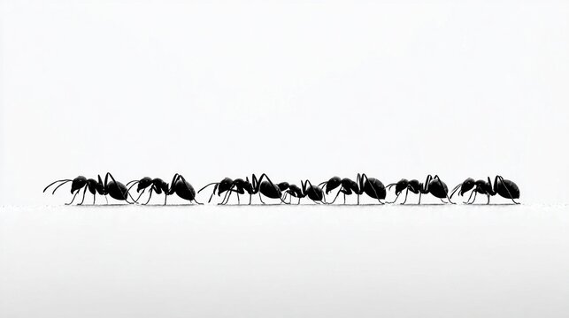 Ants marching along a bright white background