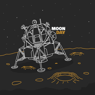 Outline illustration of the Apollo lunar lander on the moon's surface. Line art vector of the spacecraft module landing on the moon's star-studded and crater-strewn surface. Moon Day, July 20th.