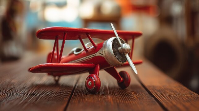 Red vintage toy biplane with silver propeller on a rustic wooden table