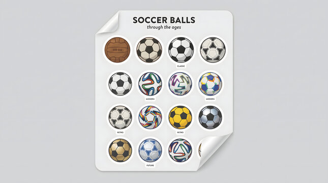 Evolution of soccer balls collection vector illustration, historic and modern football match balls set isolated on white background