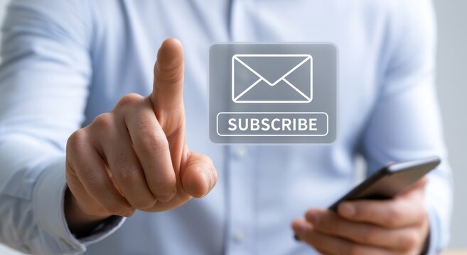 Businessman pointing to digital email subscribe button while holding a smartphone