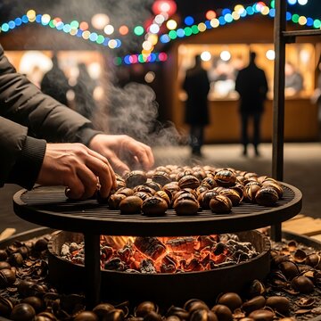 Roasted chestnuts being prepared at a festive market.