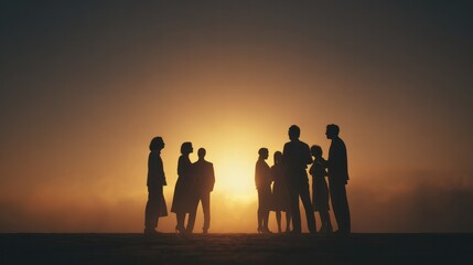 Fototapeta premium Silhouetted Gathering at Sunset: A diverse group of people stand together, silhouetted against a vibrant, hazy sunset, evoking a sense of connection and shared experience.