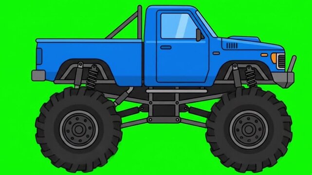 Blue Cartoon Flat 2D Monster Truck Idling on Green Screen Background with Seamless Loop Animation