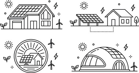 Eco friendly houses with solar panels and wind turbines for renewable energy system vector line illustration © Sabbir Studio