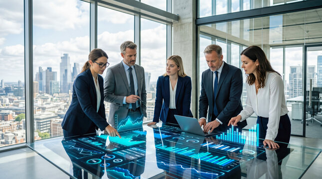 business team analyzing digital financial charts modern office smart technology interactive table meeting professional corporate executive successful group strategy planning