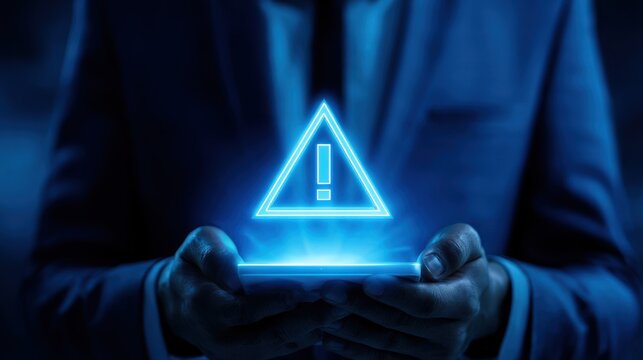 Glowing blue digital warning exclamation mark icon floating above a smartphone held by a businessman in a suit