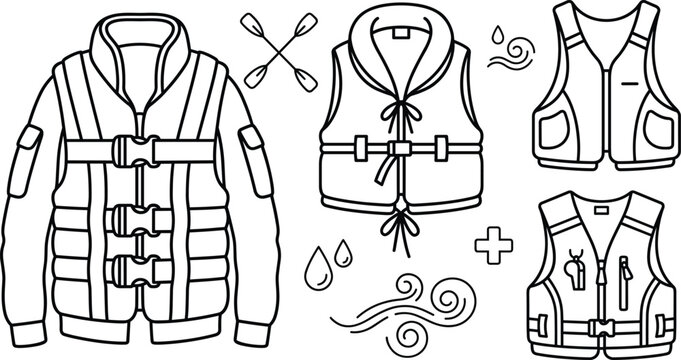 Life jacket and safety vest icons set with paddles for water rescue survival vector line illustration
