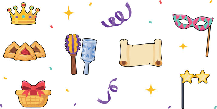 Jewish Purim Holiday Festival Vector Element Set with Hamantaschen Cookies Crown Masquerade Mask Gragger Noisemaker and Scroll for Traditional Graphic Designs