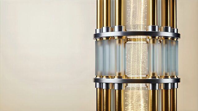 Opulent Quantum Computing Conduit Structure with Polished Gold Core, Luminous Light Particle Flows and Copy Space on Light Champagne Background
