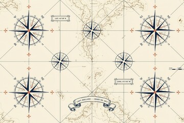 Vintage nautical chart pattern with compass roses, latitude and longitude labels, and decorative ribbon banner on a light beige paper background © Nisha