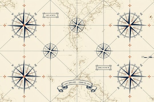 Vintage nautical chart pattern with compass roses, latitude and longitude labels, and decorative ribbon banner on a light beige paper background