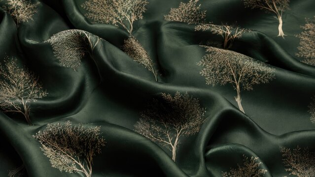 Dark green satin fabric with metallic gold tree print, draped silky texture, elegant botanical textile for fashion and decor