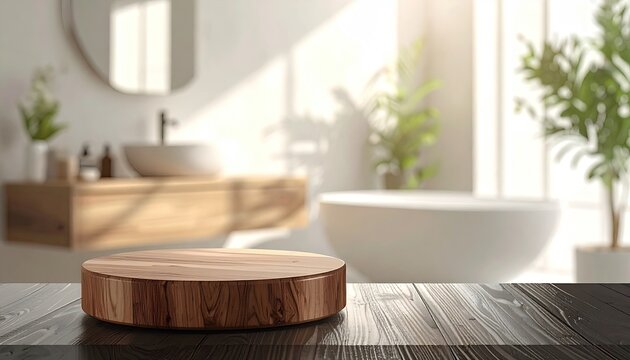 Wooden Display Stand in a Bright, Modern Bathroom Setting.