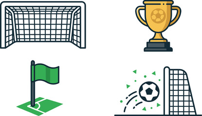 Vector flat linear illustration set featuring soccer sports equipment icons including a goal net golden championship trophy and green corner flag © Khairul