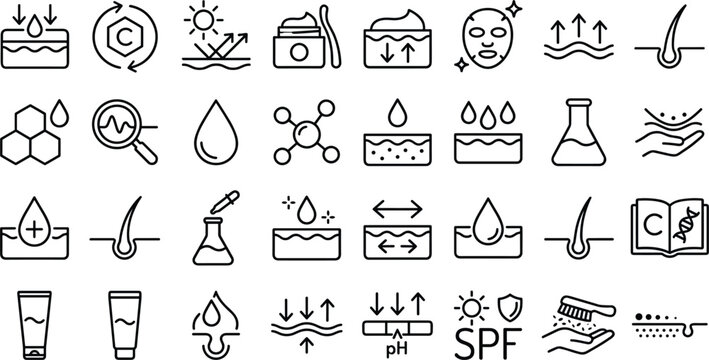 Dermatology and skincare line icon set with skin layer cross sections molecules spf and follicle vectors