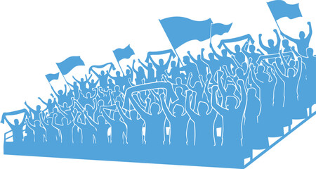 Blue silhouettes of fans cheering in stadium stands with cheering silhouettes celebration spectators energetic championship audience together atmosphere © brandesiner