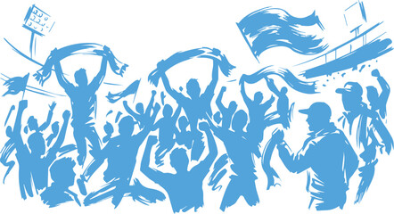 Dynamic blue graphic of sports fans cheering and waving scarves and flags with cheering silhouette celebration supporter excitement enthusiasm together gathering energetic shouting spectator © brandesiner