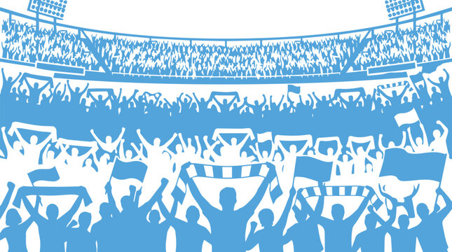 Blue monochrome graphic illustration of sports fans cheering in a large stadium with cheering celebration silhouette bleachers audience supporter excitement applause energetic spectator