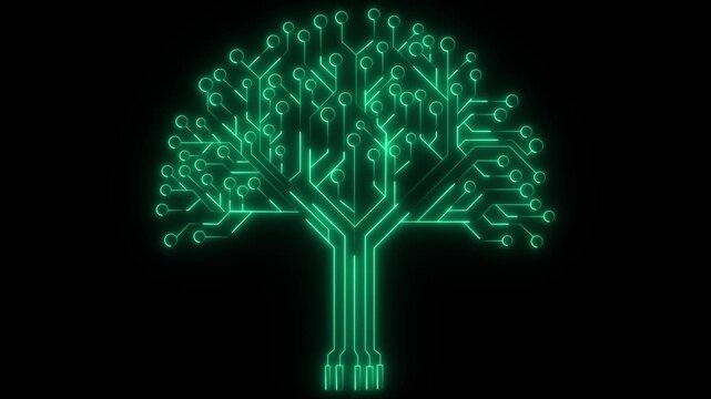 Circuit tree on black background. Science and technology concept. Animated Glowing circuit board on a black background.