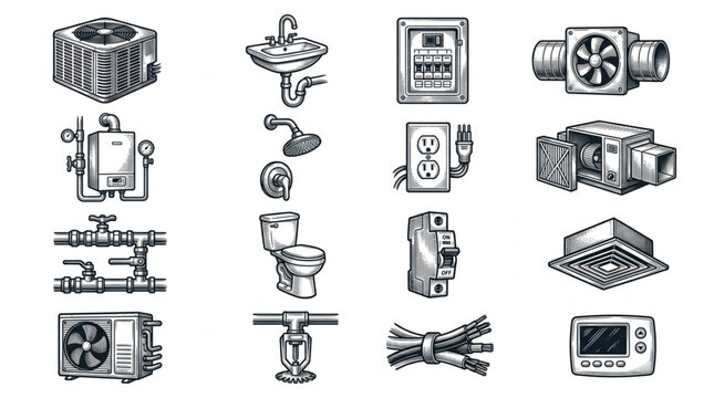 Collection of plumbing and electrical components and fixtures.