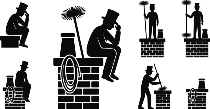Chimney sweep silhouette icons, worker with top hat cleaning fireplace pipe on roof, manual sweepers working, house maintenance
