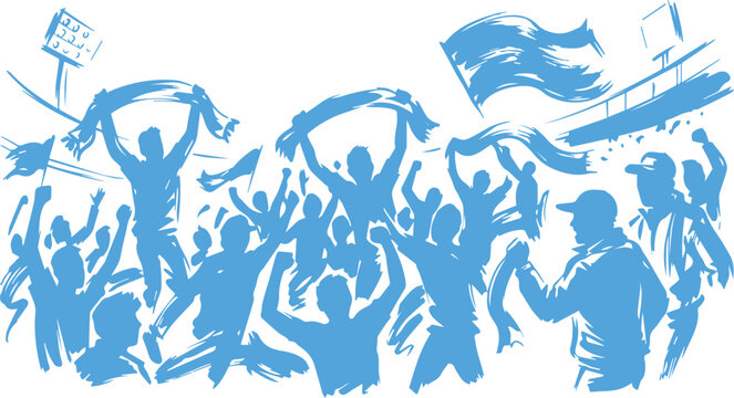 Dynamic blue graphic of sports fans cheering and waving scarves and flags with cheering silhouette celebration supporter excitement enthusiasm together gathering energetic shouting spectator