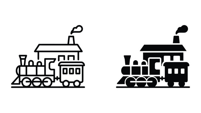 Steam locomotive train icon representing historical transportation and industrial heritage in clean linear and solid black vector graphic styles isolated on a neutral light grey background