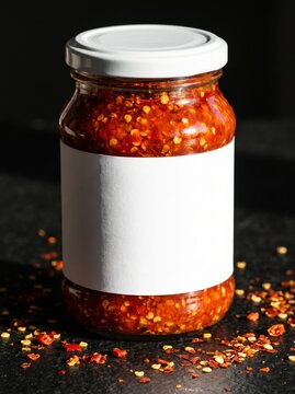 Blank label mockup on a glass jar filled with rich and savory traditional shrimp paste chili or sambal terasi, styled alongside a stone mortar and shrimp blocks on a wooden desk.