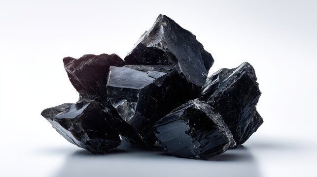 Raw black tourmaline stones isolated on white background