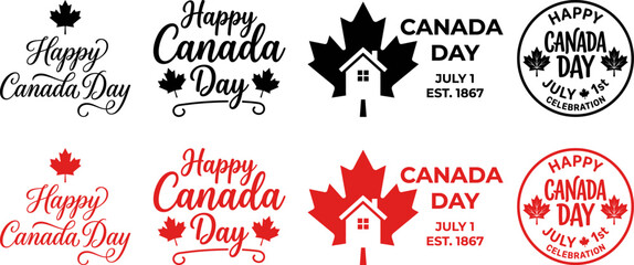 Happy canada day greeting cards and logos with maple leaves and houses © farzana26