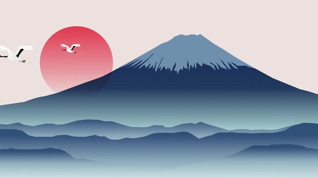 Mount Fuji With Cranes at Sunrise 4K