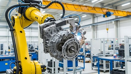 Obraz premium Robotic Arm Assembling Car Engine in Modern Factory.