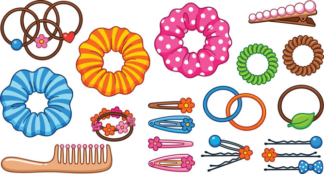 Hair accessories set with colorful scrunchies elastic bands pins clips and comb cartoon vector illustrations