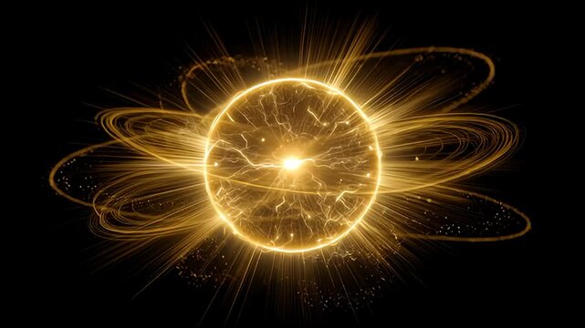 Golden energy sphere with orbiting light trails and glowing particles