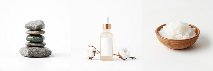Fototapeta premium Stacked stones, bottle, cotton, sugar cubes. Minimalist composition promoting wellness, relaxation, natural beauty products. Clean aesthetic.