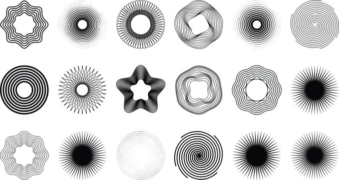 Abstract Circular Geometric Line Art Design Elements Set with Halftone Dots Moire Spirals Guilloche Frames and Wave Sunburst Badges