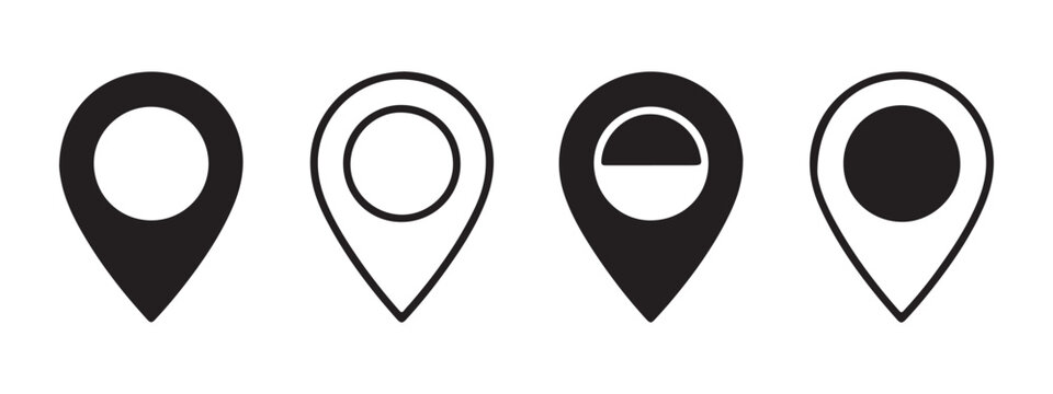 Collection of black location pins with various inner circle designs, perfect for diverse map applications.