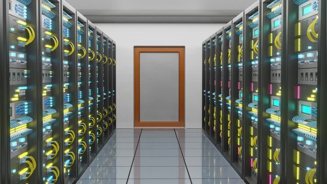 Rows of servers glow with vibrant lights. network and data center concept. Cables twist in dynamic, colorful patterns. Door stands centered. The room reflects a high-tech. 4k. 3d render animation