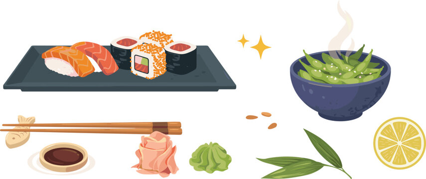 Japanese Cuisine Sushi Set Vector Illustration with Nigiri Maki Roll Chopsticks Edamame Bowl Wasabi and Soy Sauce for Restaurant Menu Graphic Designs