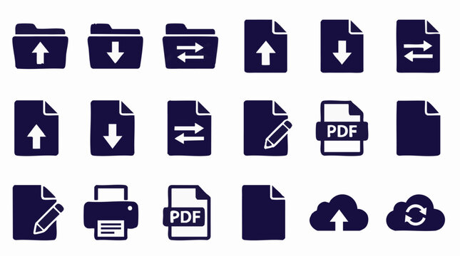 Vector Icons Set: Digital File, Folder, Cloud Operations, PDF, Print