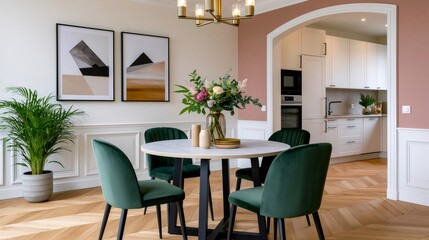 Fototapeta premium Modern dining room interior featuring stylish green velvet chairs