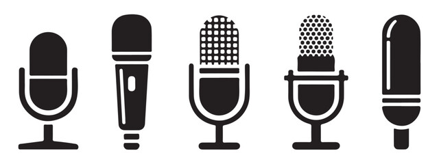 Five diverse black microphone icons with stands on transparent background, audio recording tools. © Habib Stocker