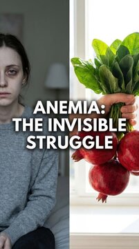 Woman experiencing fatigue from iron deficiency anemia, a blood disorder, seeking health with mineral rich nutrition, fresh spinach and pomegranates