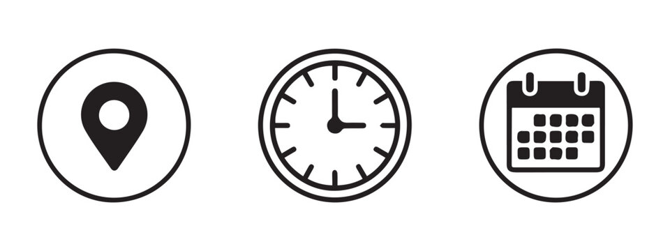Set of location clock and calendar icons in circles, simple graphic design elements, essential icons for navigation.