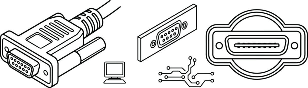 VGA and DVI computer video connector cable and port icons set showing analog display interface vector illustration